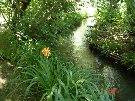 小溪流水穿越竹林小徑及花園,構成田園詩的境界。